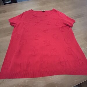 Talbots Sweater Womens 1X Red Anchor Knit Short Sleeve Cotton Nautical Pullover